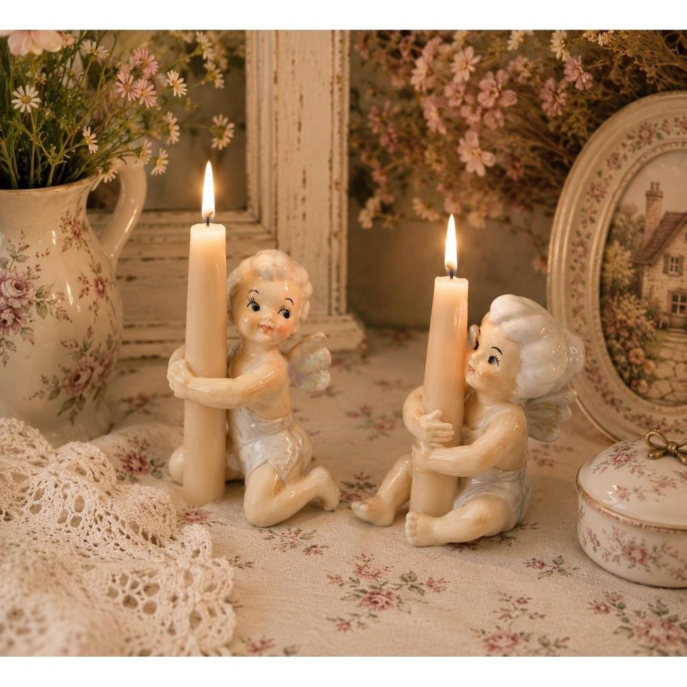 Vintage Iridescent Candle Holder Ceramic Fairy Angel Figurines Set of 2 Japan